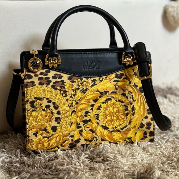 Gianni Versace Handbags - *RARE VINTAGE GIANNI VERSACE* 2-Way Canvas & Leather Baroque Gold LUXURY Handbag